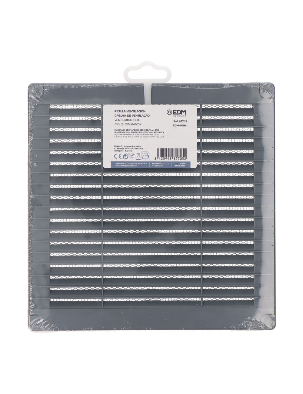 Rejilla ventilación cuadrada con tapones y mosquitera 200x200x7mm abs gris