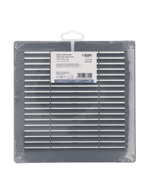 Rejilla ventilación cuadrada con tapones y mosquitera 200x200x7mm abs gris