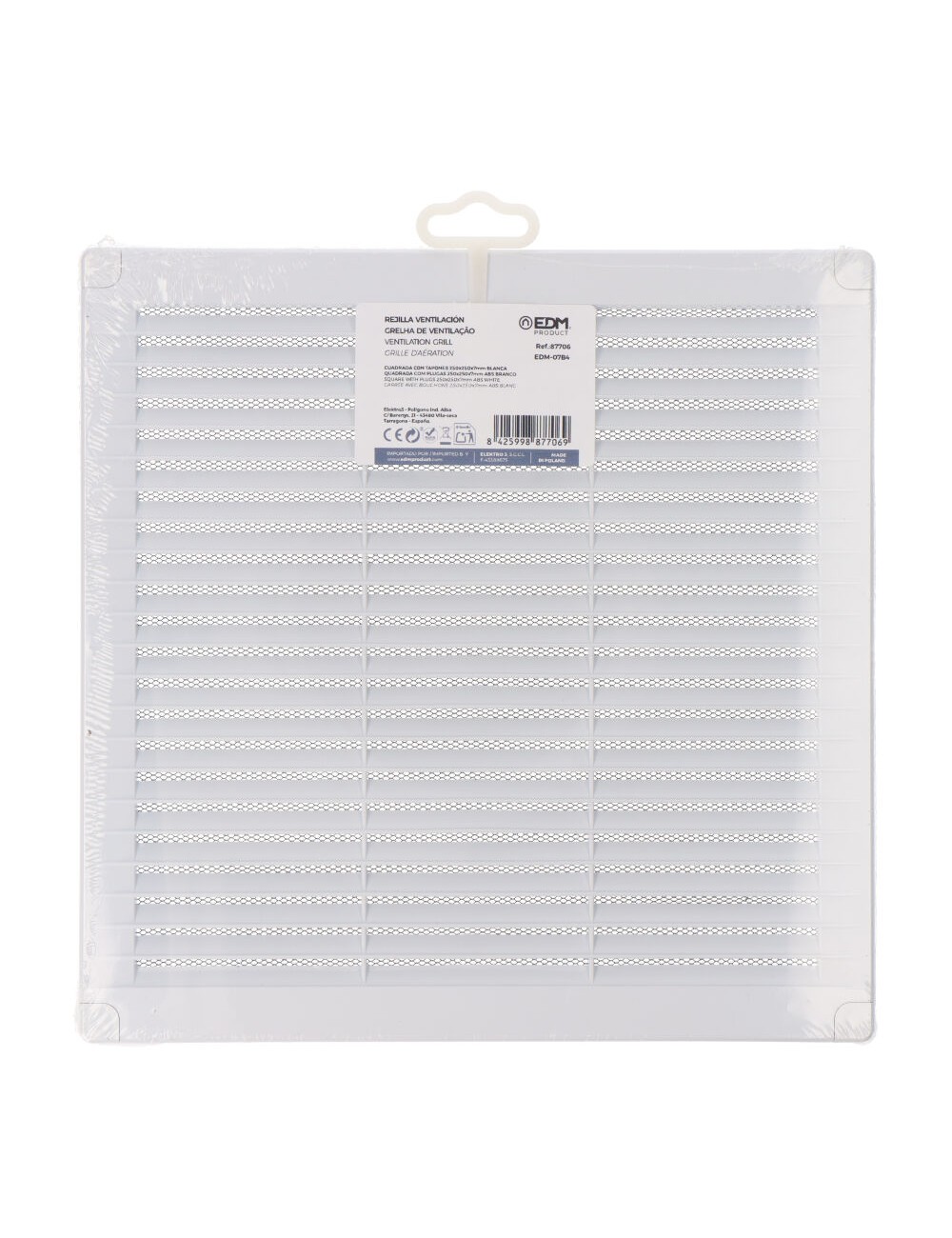 Rejilla ventilación cuadrada con tapones y mosquitera 250x250x7mm abs blanca