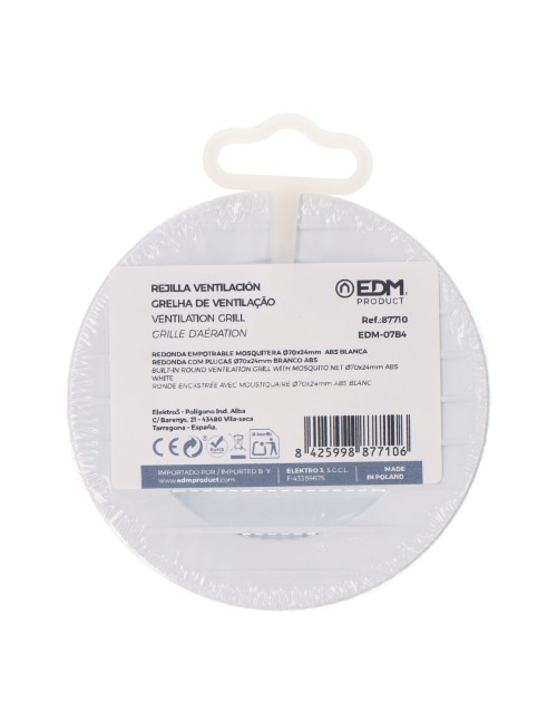 Rejilla ventilación redonda empotrable con mosquitera ø70mm abs blanca