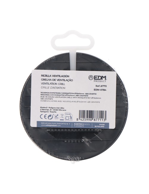 Rejilla ventilación redonda empotrable con mosquitera ø70mm abs gris antracita