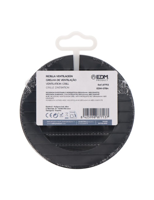 Rejilla ventilación redonda empotrable con mosquitera ø80mm abs gris antracita