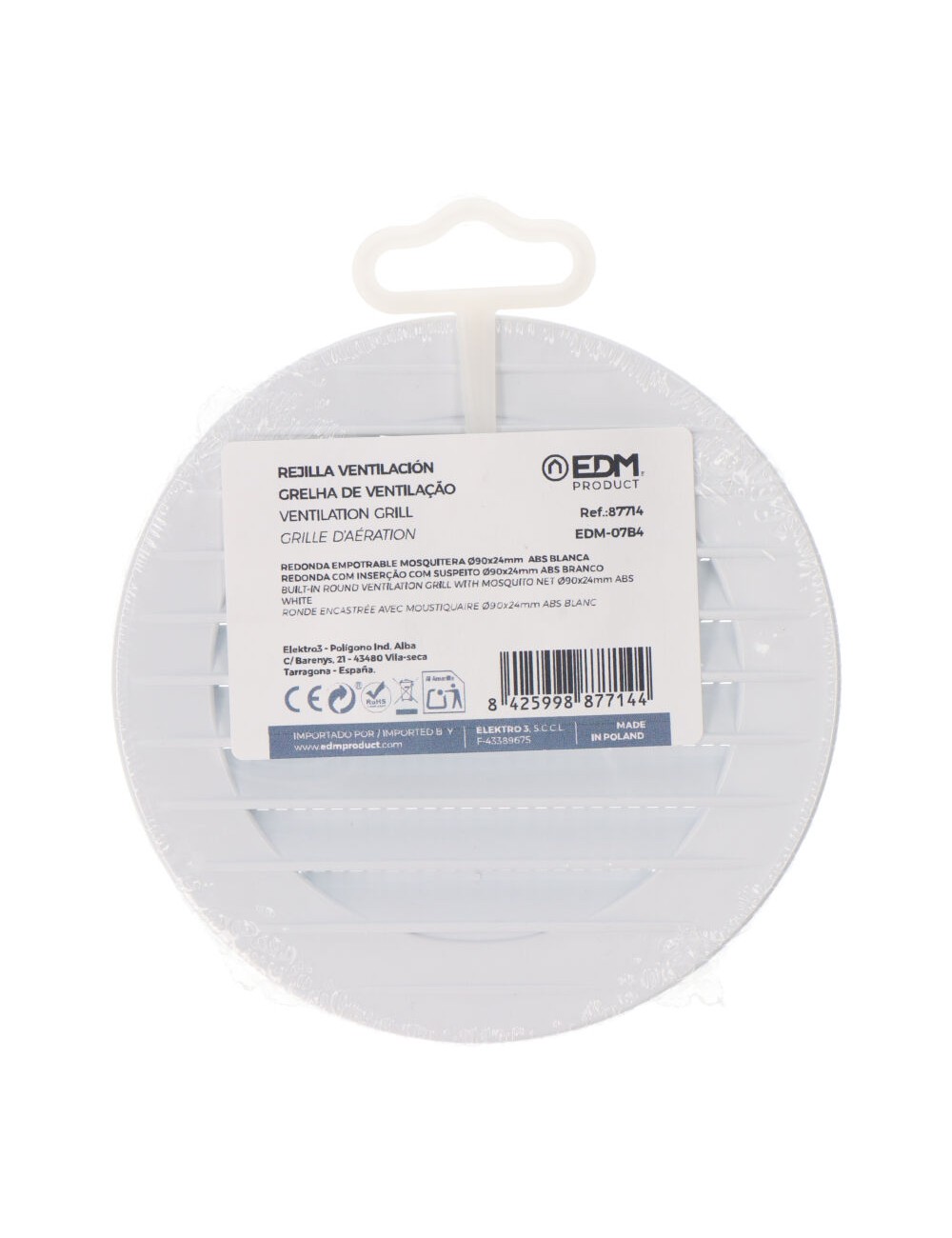 Rejilla ventilación redonda empotrable con mosquitera ø90mm abs blanca