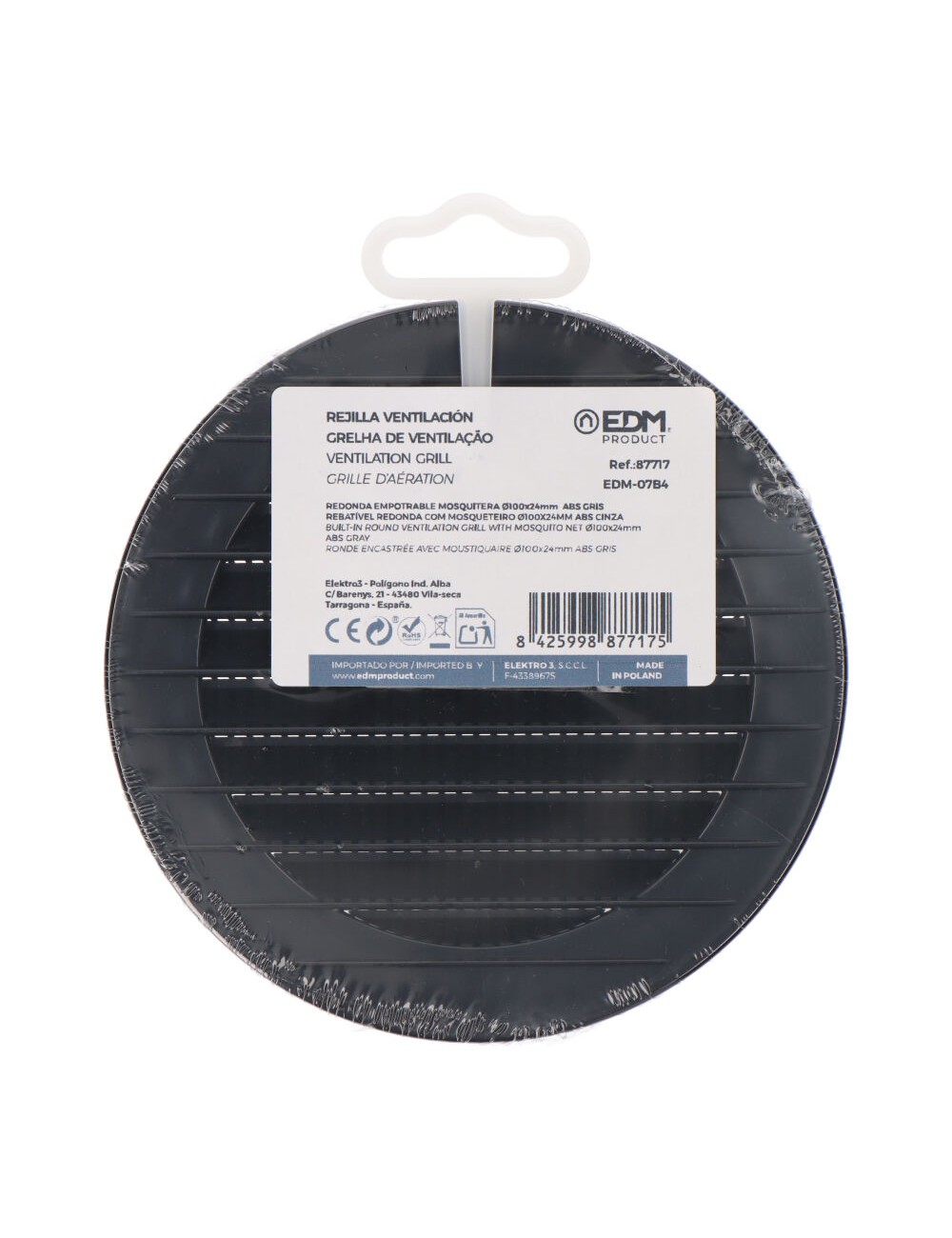 Rejilla ventilación redonda empotrable con mosquitera ø100mm abs gris antracita