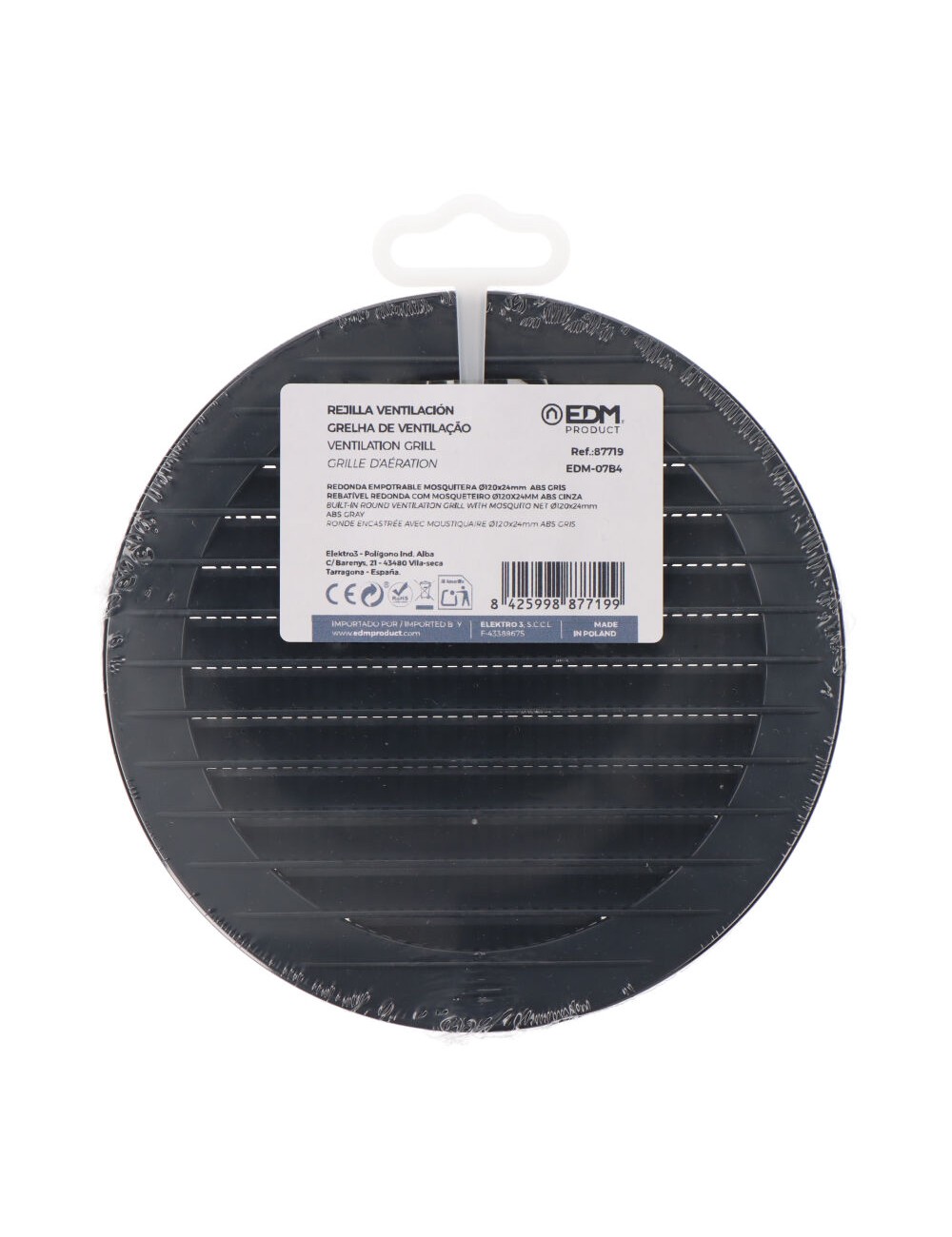 Rejilla ventilación redonda empotrable con mosquitera ø120mm abs gris antracita