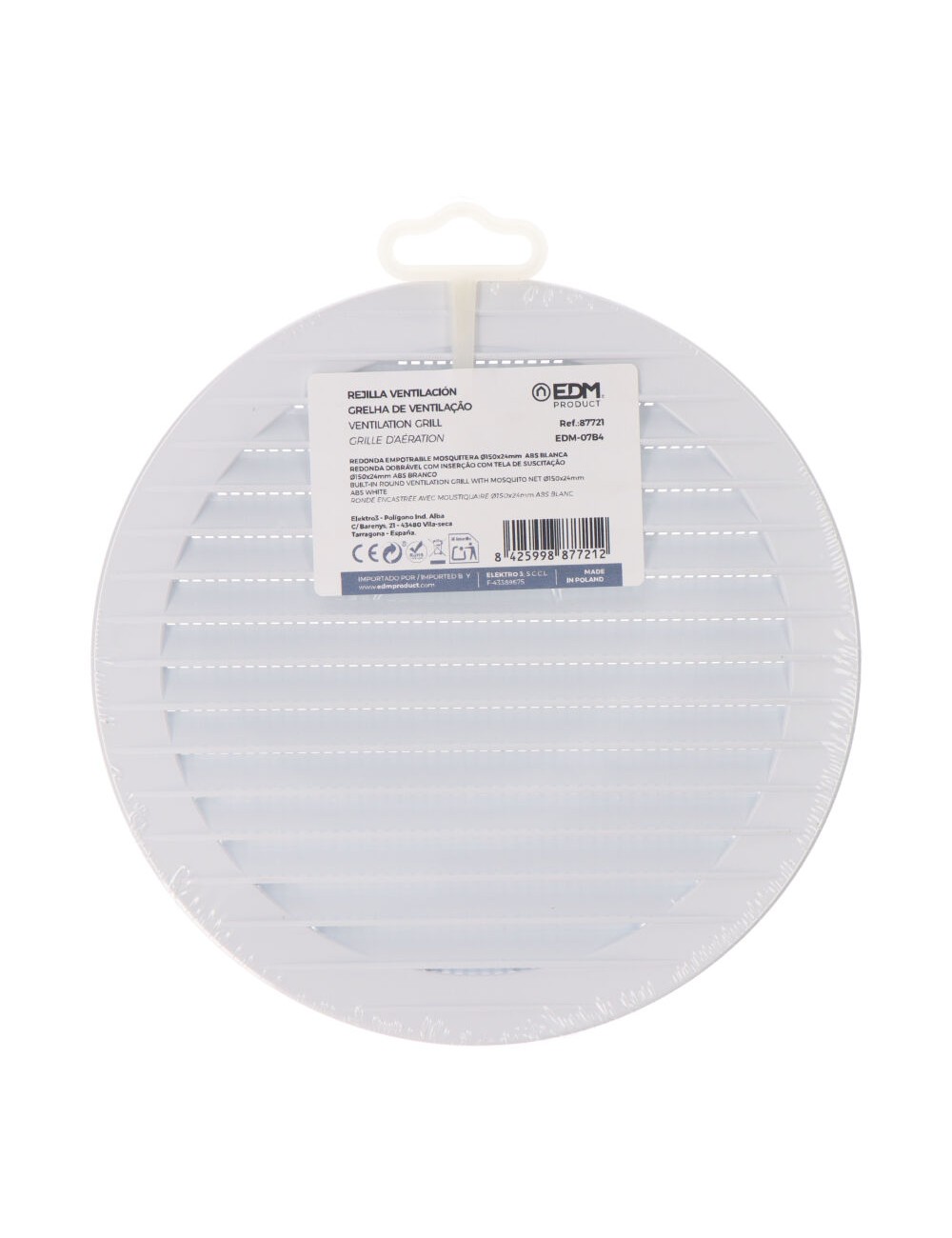 Rejilla ventilación redonda empotrable con mosquitera ø150mm abs blanca