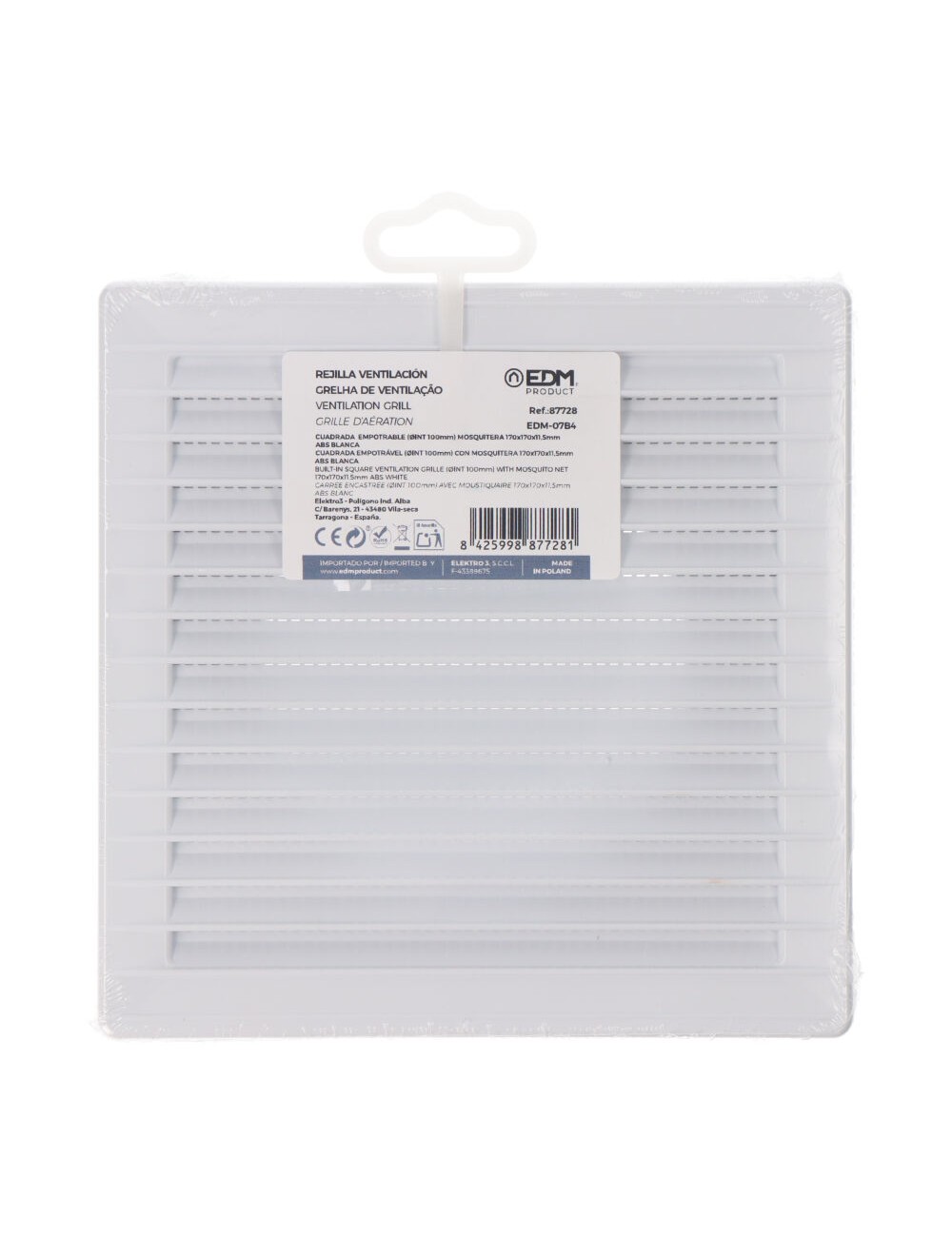 Rejilla ventilación cuadrada empotrable ø 100mm con mosquitera 170x170x10mm abs blanca