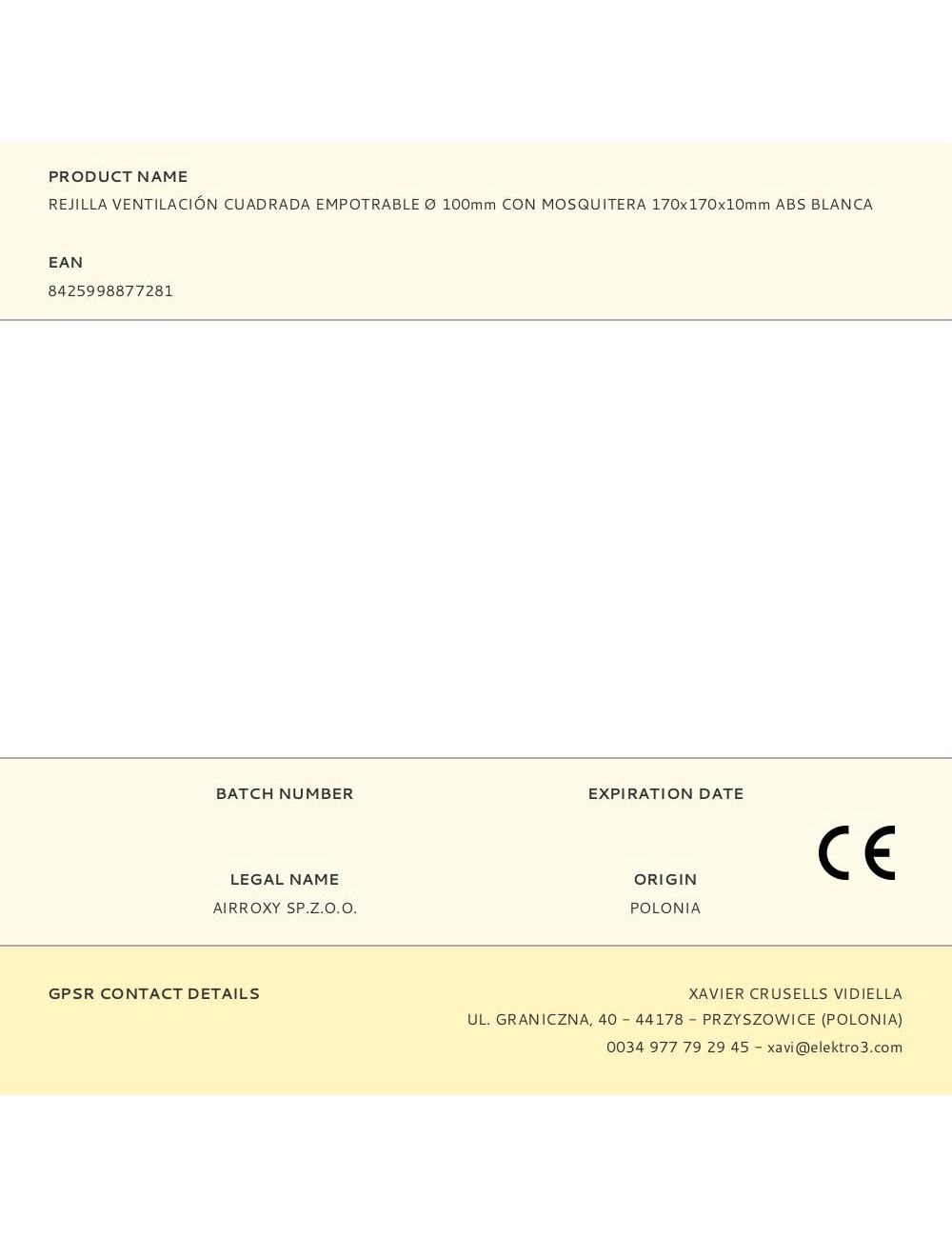 Rejilla ventilación cuadrada empotrable ø 100mm con mosquitera 170x170x10mm abs blanca