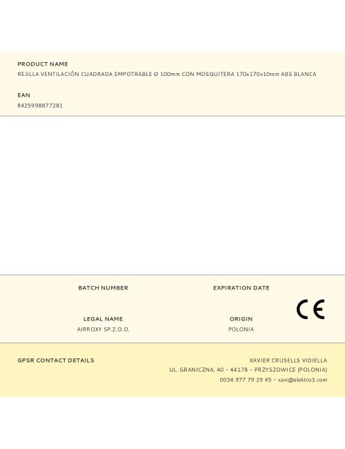 Rejilla ventilación cuadrada empotrable ø 100mm con mosquitera 170x170x10mm abs blanca