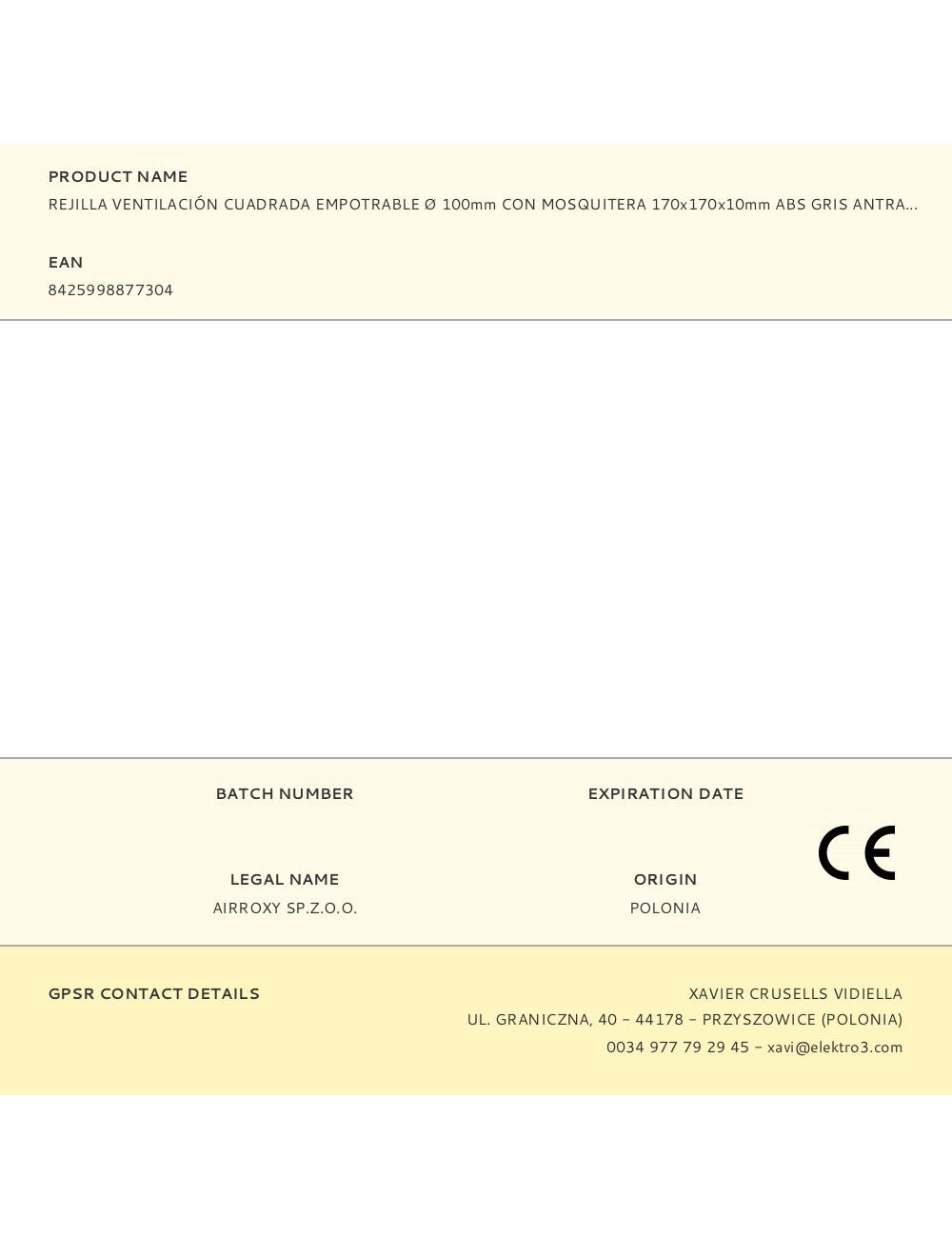 Rejilla ventilación cuadrada empotrable ø 100mm con mosquitera 170x170x10mm abs gris antracita