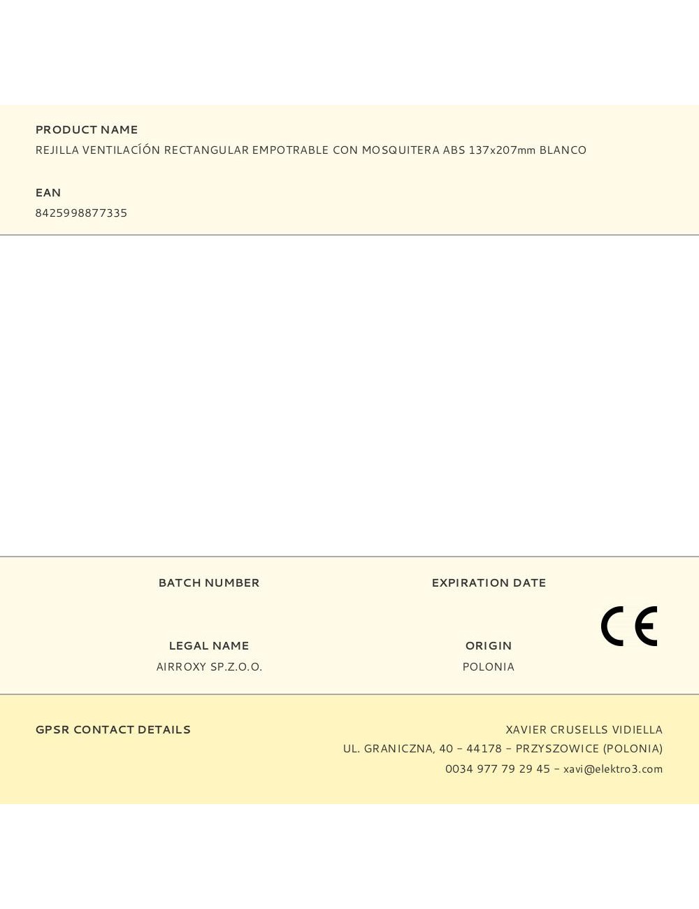 Rejilla ventilacíón rectangular empotrable con mosquitera abs 137x207mm blanco