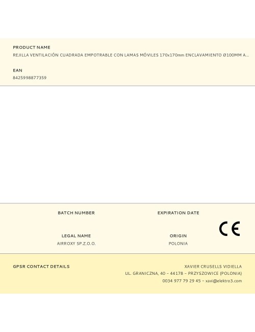 Rejilla ventilación cuadrada empotrable con lamas móviles 170x170mm enclavamiento ø100mm abs blanca