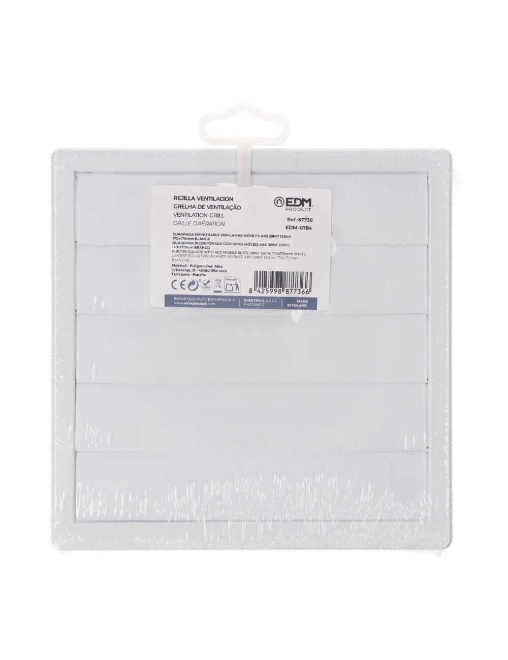 Rejilla ventilación cuadrada empotrable con lamas móviles 170x170mm enclavamiento ø120mm abs blanca