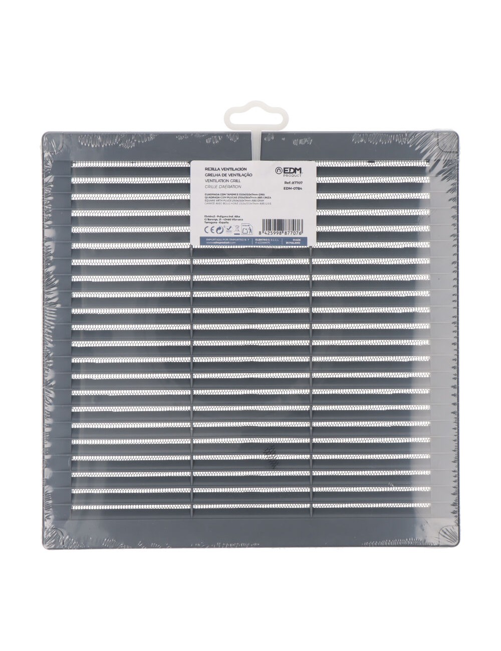 Rejilla ventilación cuadrada con tapones y mosquitera 250x250x7mm abs gris