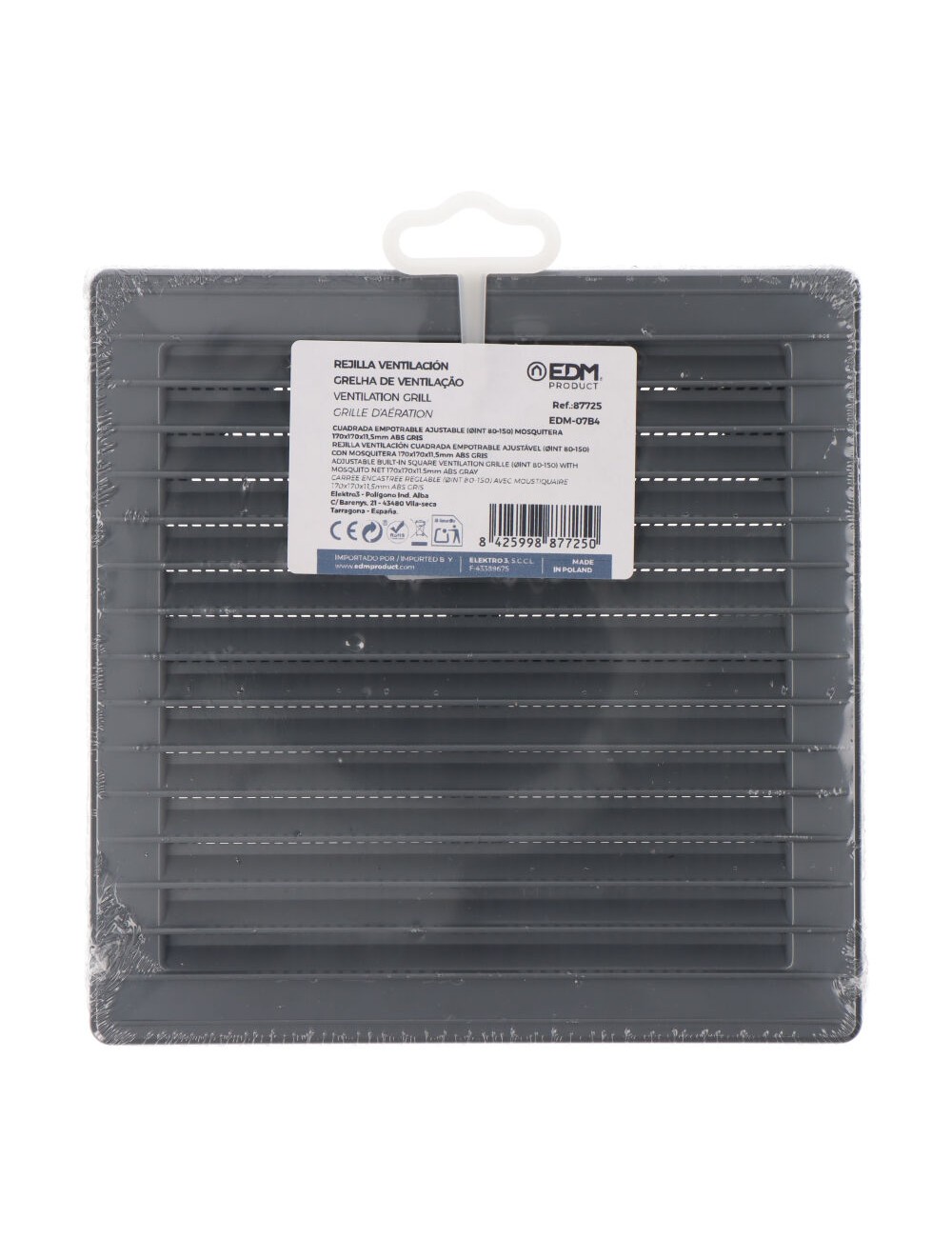 Rejilla ventilación cuadrada empotrable ajustable ø 80-150 con mosquitera 170x170x11,5mm abs gris