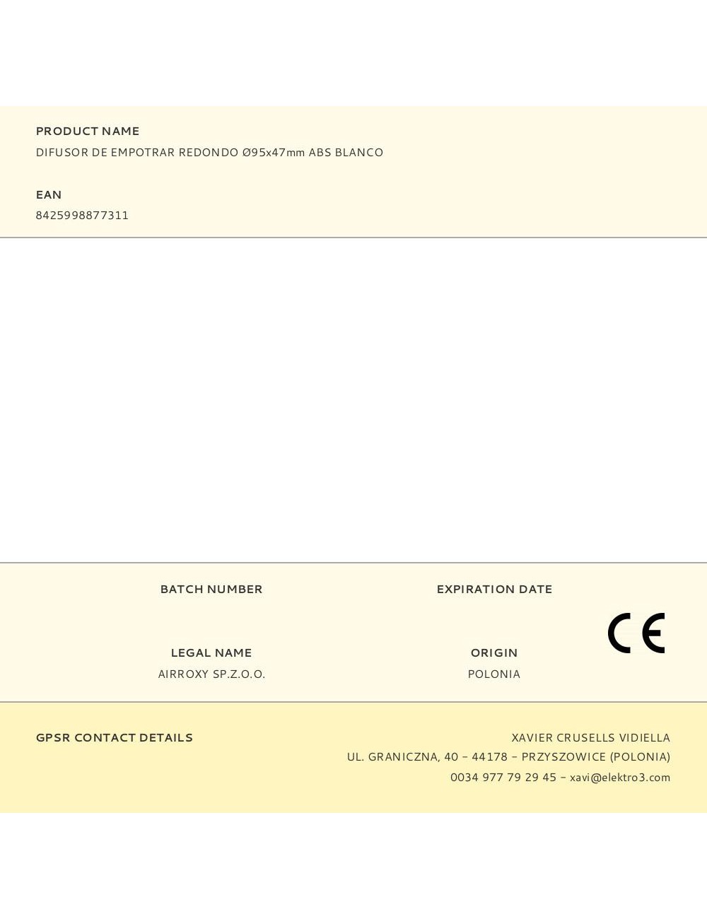 Difusor de empotrar redondo ø95x47mm abs blanco