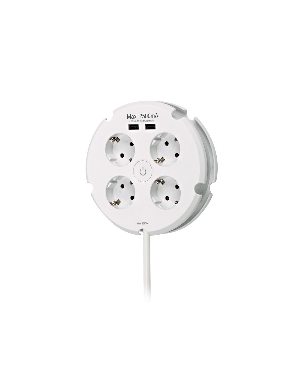 Base múltiple redonda 4 tomas 2p+t schuko, con interruptor+ 2 usb, 1,5 m de cable h05vv-f 3g1,5 mm, 16 a 250 v~, blanca