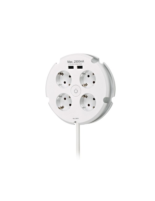 Base múltiple redonda 4 tomas 2p+t schuko, con interruptor+ 2 usb, 1,5 m de cable h05vv-f 3g1,5 mm, 16 a 250 v~, blanca