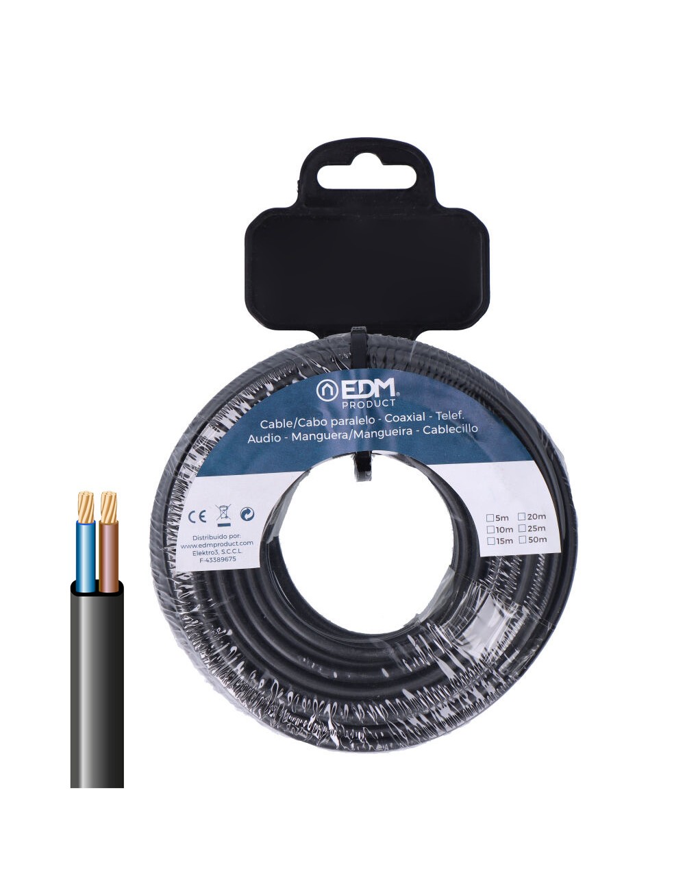 Carrete manguera plana h03vv-f 2 x 0,75 mm negra, 20 m