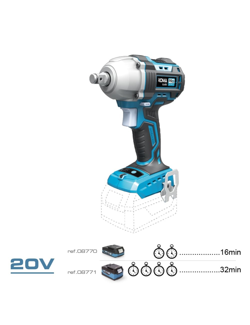 Llave de impacto 20 v brushless 450 nm (sin batería ni cargador)