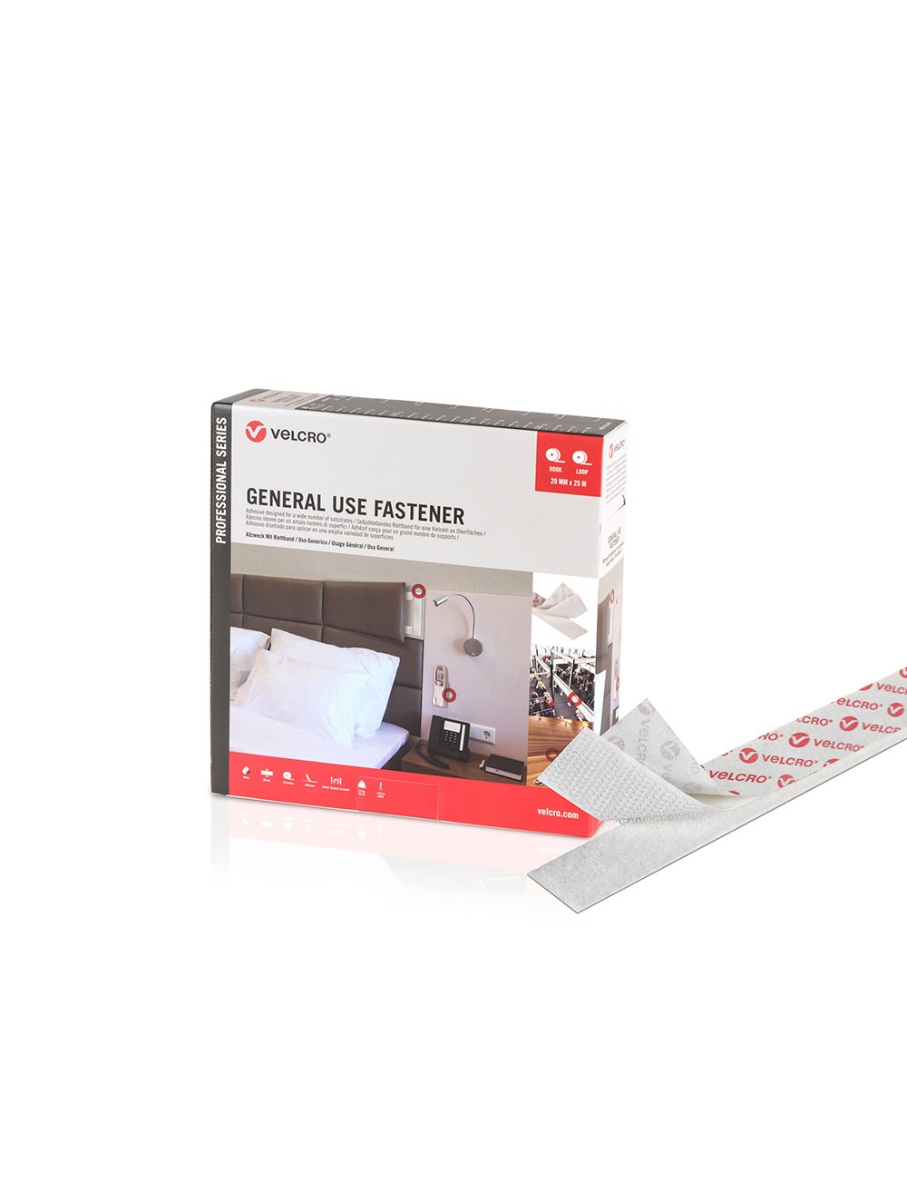 Cinta de gancho y bucle adhesiva blanca 20 mm x 25 m