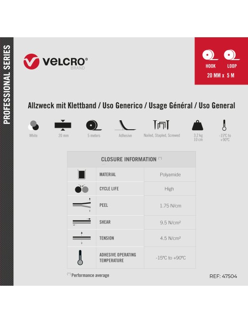 Cinta de gancho y bucle adhesiva blanca 20 mm x 5 m