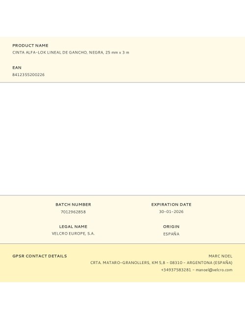 Cinta alfa-lok lineal de gancho negra 25 mm x 3 m