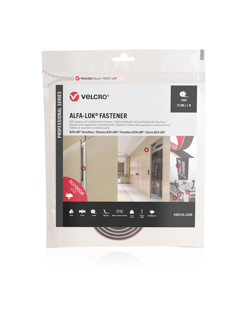 Cinta alfa-lok lineal de gancho negra 25 mm x 1 m