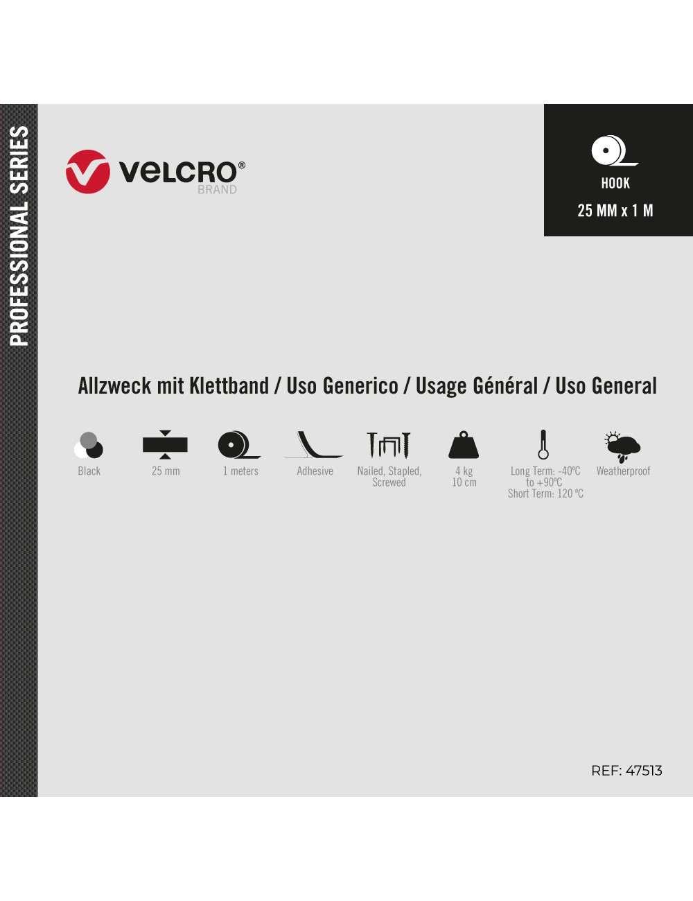 Cinta alfa-lok lineal de gancho negra 25 mm x 1 m