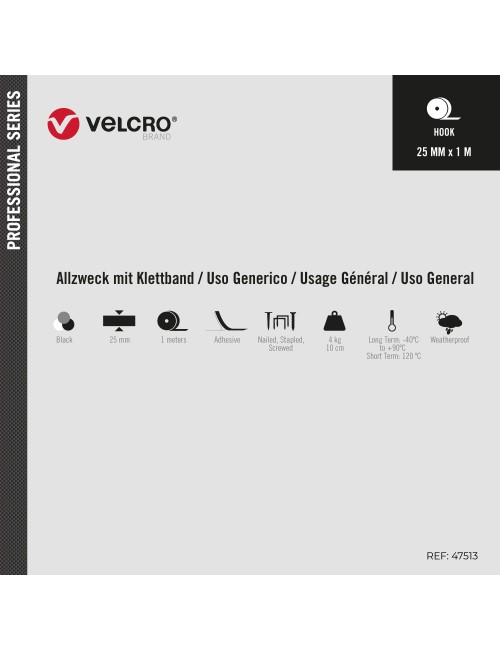 Cinta alfa-lok lineal de gancho negra 25 mm x 1 m