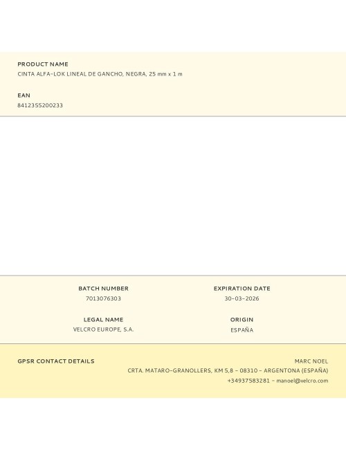 Cinta alfa-lok lineal de gancho negra 25 mm x 1 m