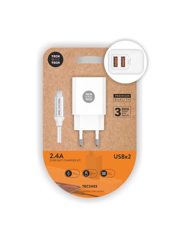 Cargador doble 2,4 a + cable nylon micro usb blanco