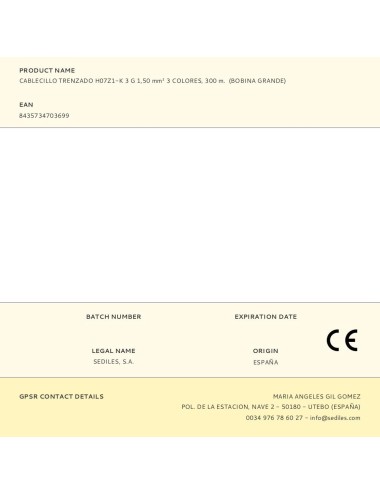 Cablecillo trenzado h07z1-k 3 g 1,50 mm 3 colores, 300 m. (bobina grande)