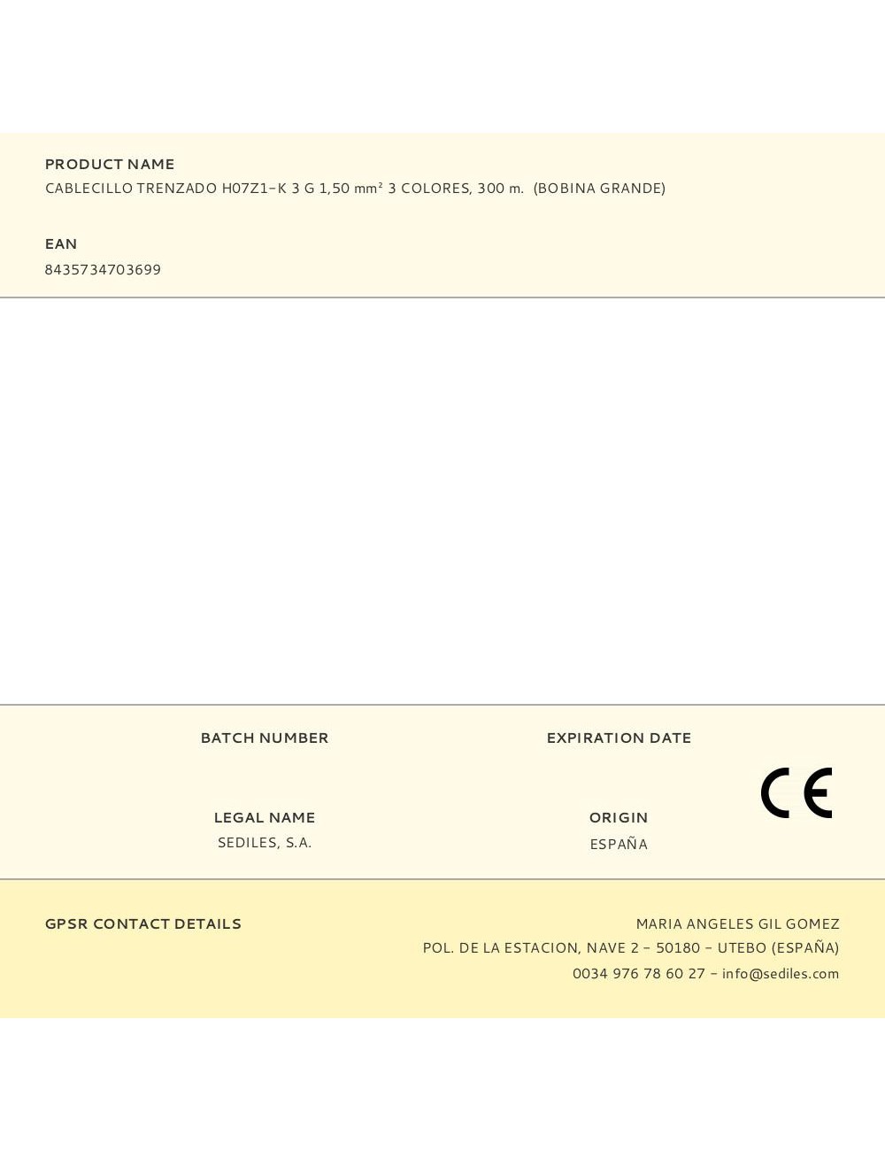 Cablecillo trenzado h07z1-k 3 g 1,50 mm 3 colores, 300 m. (bobina grande)