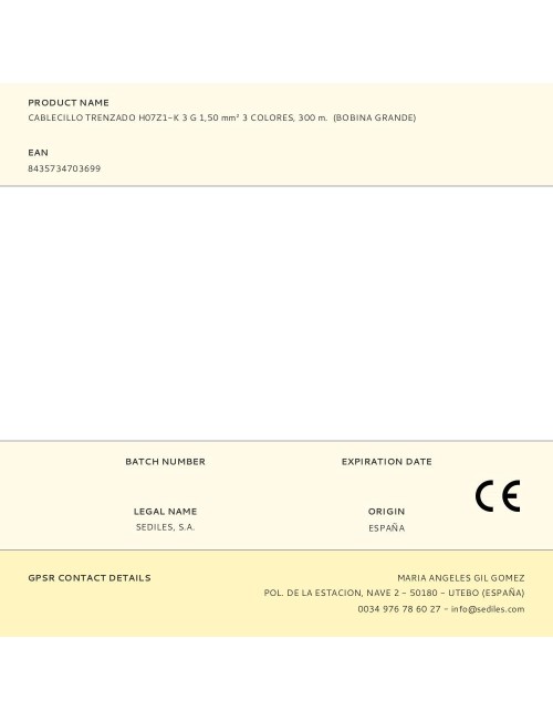 Cablecillo trenzado h07z1-k 3 g 1,50 mm 3 colores, 300 m. (bobina grande)