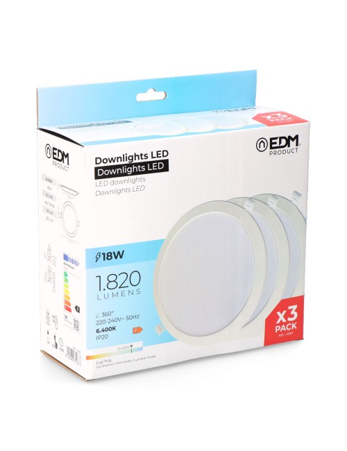 Pack 3 downlights led 18 w luz fría 6400 k