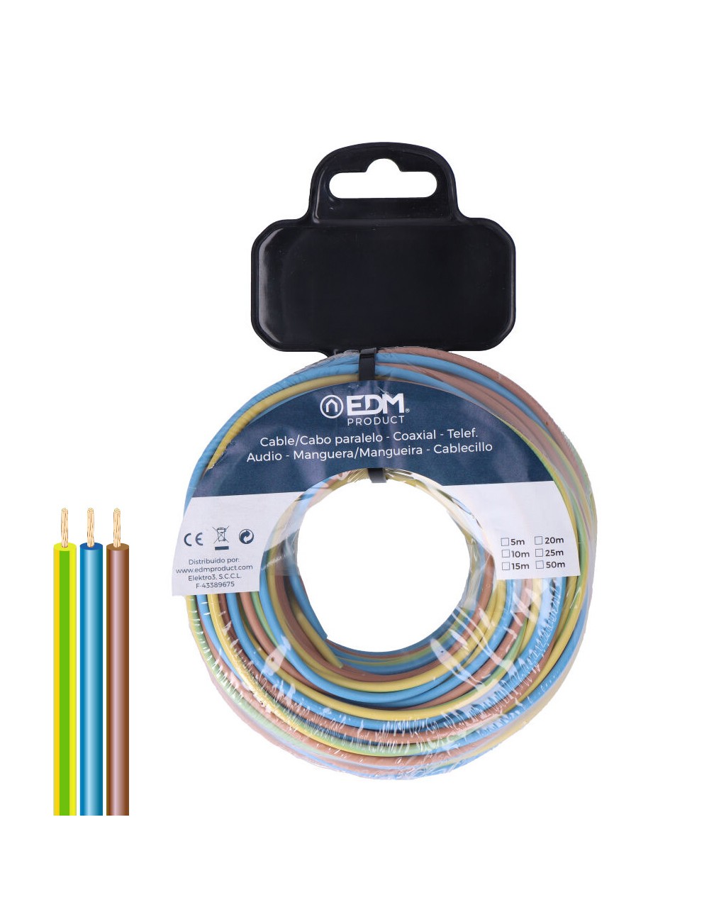 Carrete cablecillo trenzado h07z1-k 3 g 1,50 mm 3 colores, 15 m