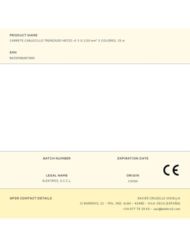 Carrete cablecillo trenzado h07z1-k 3 g 2,50 mm 3 colores, 15 m