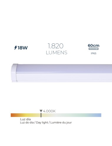 Regleta led 18 w 4000 k luz día 1.820 lm 60 x 4,6 x 5,1 cm