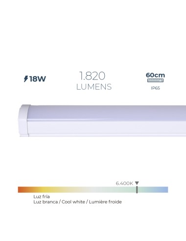 Regleta led 18 w 6.400 k luz fría 1.820 lm 60 x 4,6 x 5,1 cm