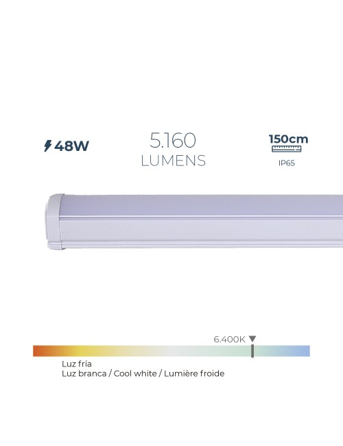 Regleta led 48 w 6.400 k luz fria 5.160 lm 150 x 4,6 x 5,1 cm