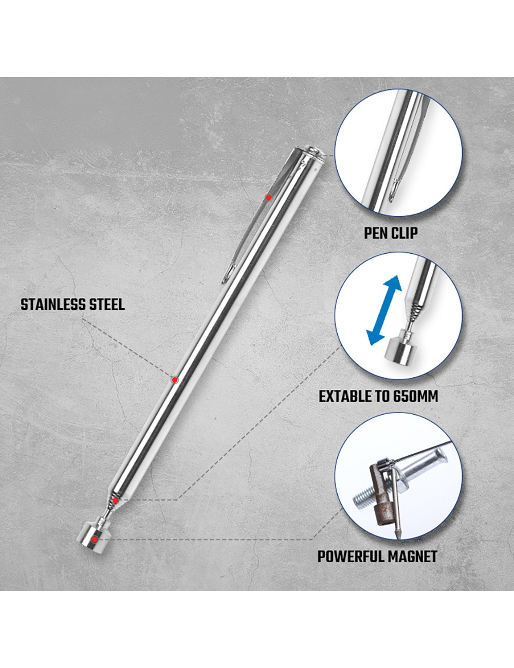 Puntero magnético, extensible, 650 mm
