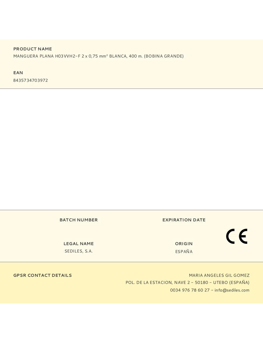 Manguera plana h03vvh2-f 2 x 0,75 mm blanca, 400 m. (bobina grande)