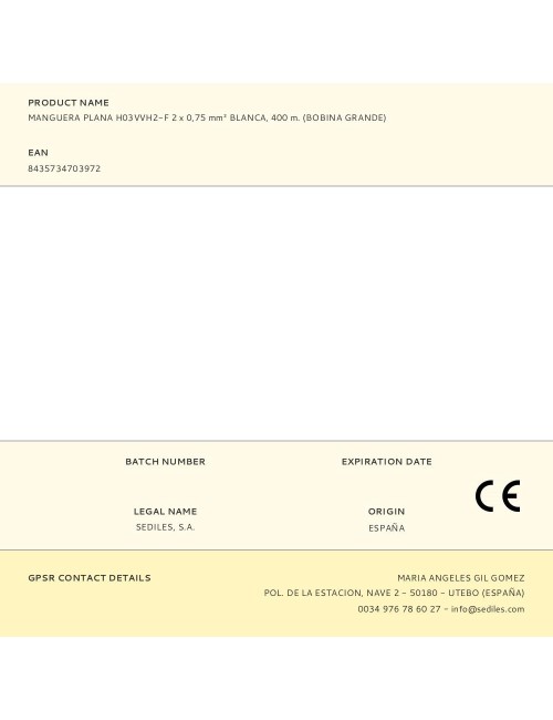 Manguera plana h03vvh2-f 2 x 0,75 mm blanca, 400 m. (bobina grande)