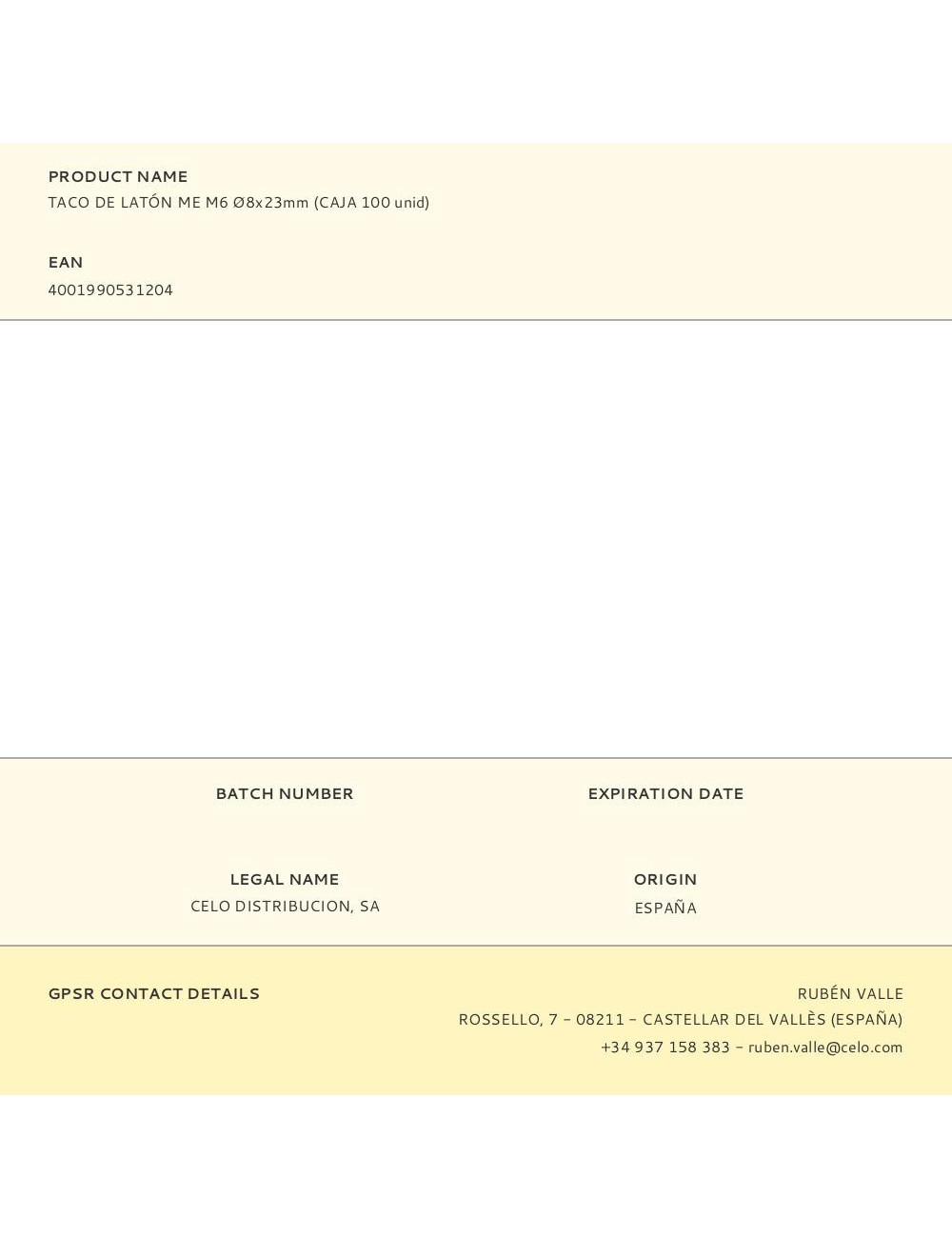 Taco de latón me m6 ø8 x 23 mm, caja 100 uds