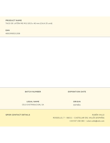 Taco de latón me m12 ø15 x 40 mm, caja 25 uds