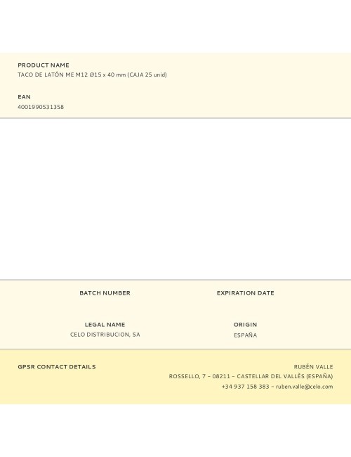 Taco de latón me m12 ø15 x 40 mm, caja 25 uds