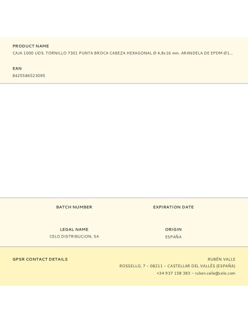 Caja 1000 uds. tornillo 7301 punta broca cabeza hexagonal ø 4,8x16 mm. arandela de epdm ø14 cincado