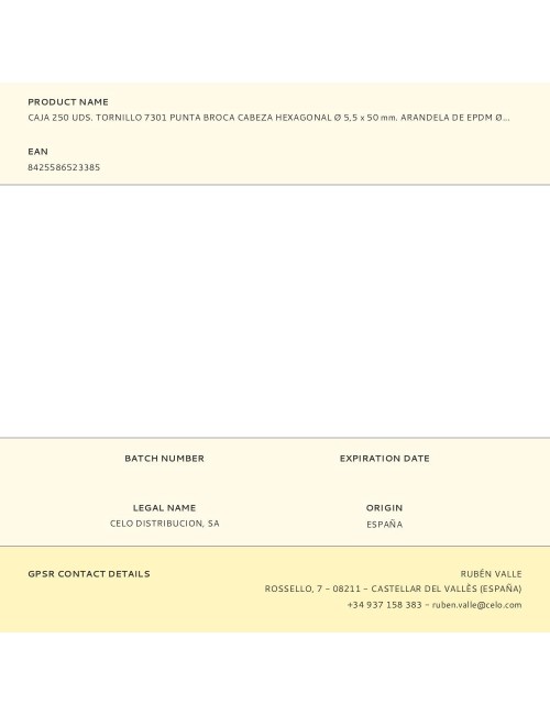 Caja 250 uds. tornillo 7301 punta broca cabeza hexagonal ø 5,5 x 50 mm. arandela de epdm ø16 cincado