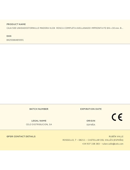 Caja 500 unidadestornillo madera vlox rosca completa avellanado impronta pz ø4 x 30 mm. bicromatado